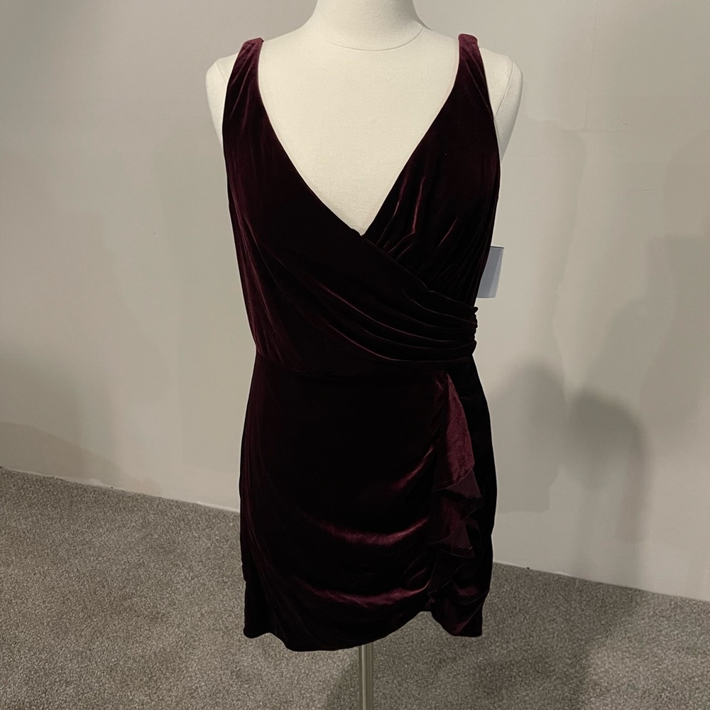 Deep wine color, velvet, form fitted dress.